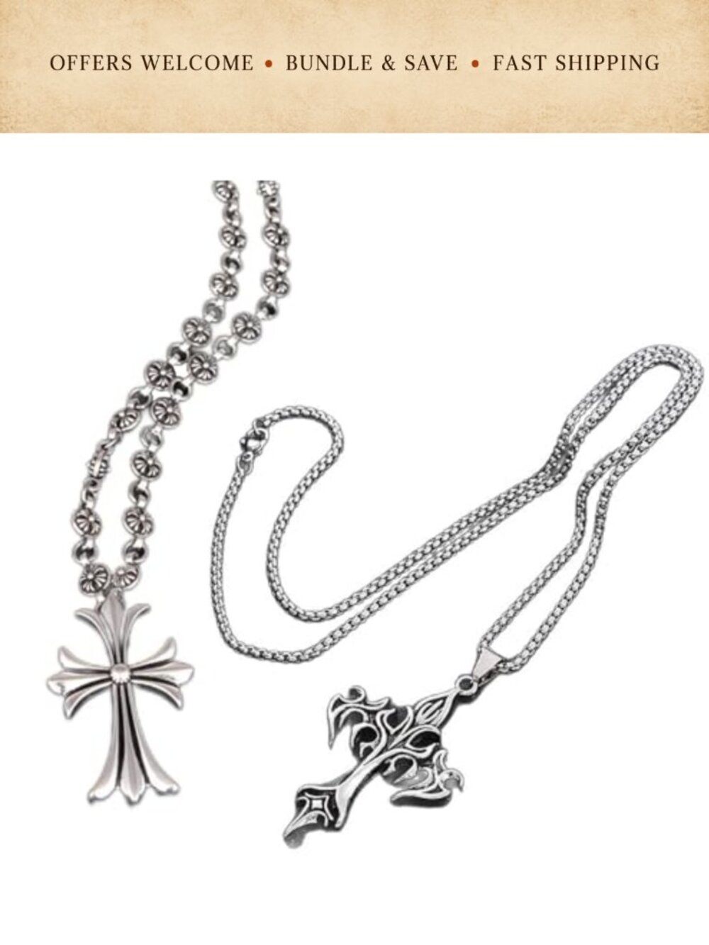 2PCS Stainless Steel Cross Necklaces Religious Christian Faith Pendant Set